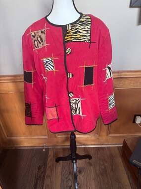Allure Vintage Art to Wear Red Embroidered Animal Patchwork Jacket